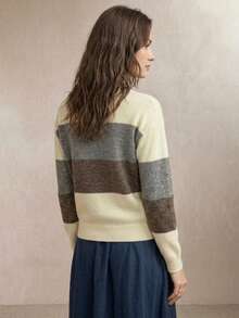 Autumn/Winter New Milk Coffee Grey Color-Block Horizontal Striped Knit Sweater, Casual Slouchy Basic Knit Top, Color-Block Large Stripes With Retro Vibe, Suitable For Skirts And Pants - Beige - View 2