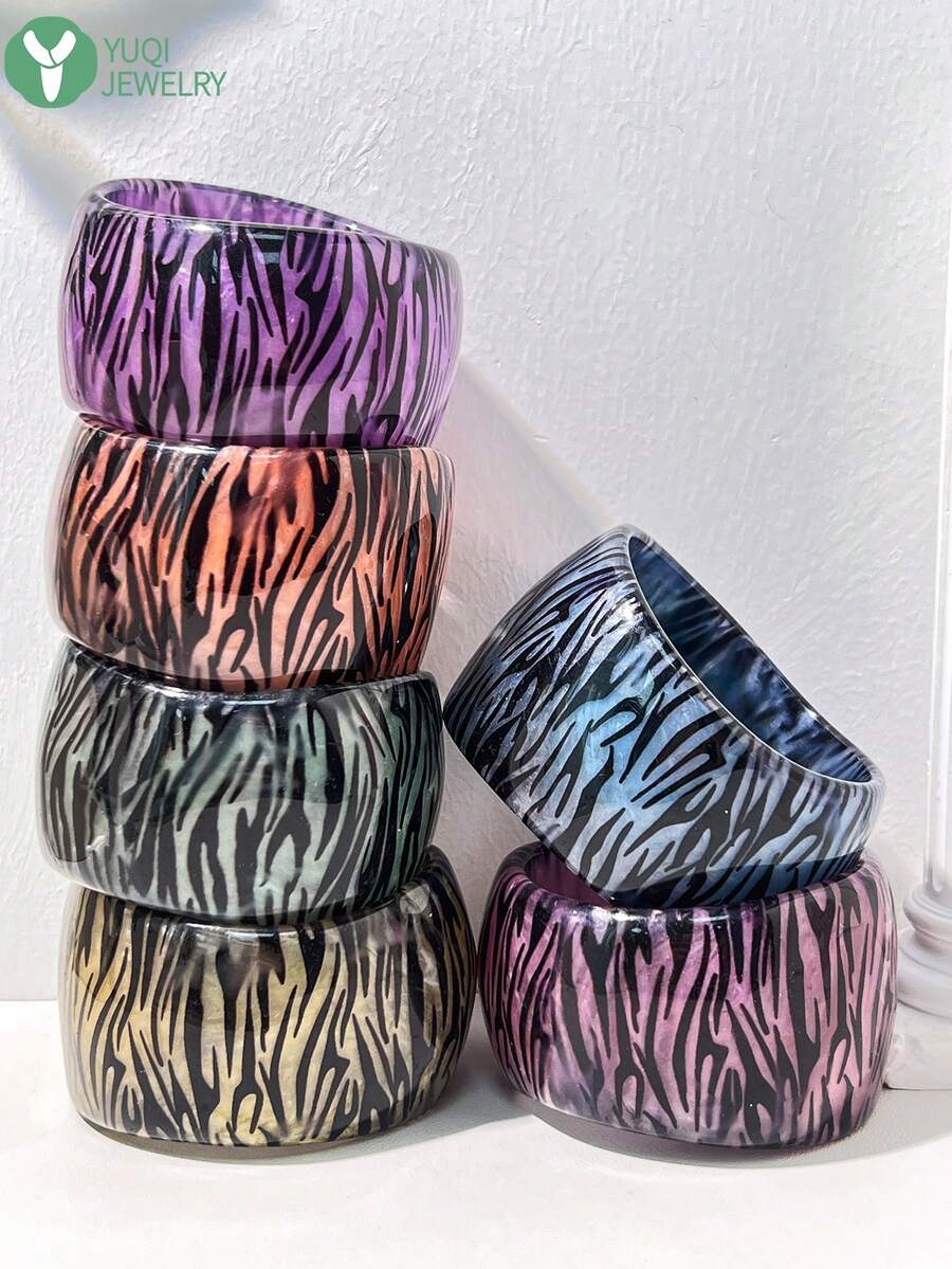1 pièce Nouveau bracelet en acrylique imprimé plumes de paon, patchwork imprimé léopard contrasté, large bande, accessoire de main vintage - Multicolore E - Voir 1