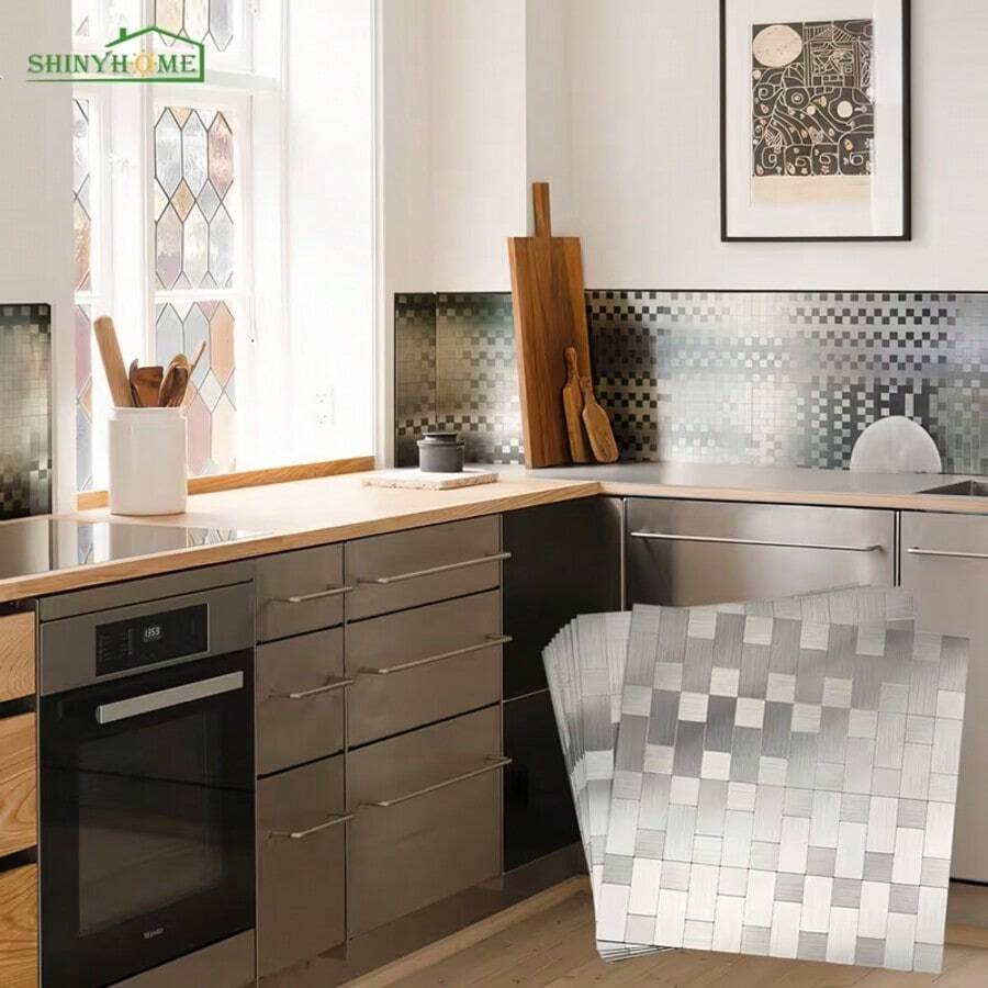 shiny home Shinyhome 10Pcs Peel-And-Stick Metal Back Plate Tiles - Waterproof, Oil-Proof, Heat-Resistant, Suitable For Kitchen, Bathroom, Living Room Decoration - Silver Metal Model - View 1