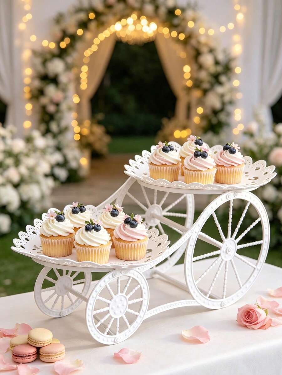 1pc 2-Tier White Lace Wedding Dessert Cart, Plastic Snack, Fruit, Cake Stand Holder, Suitable For Wedding, Holiday Events, Birthday Party, Theme Party, Afternoon Tea Dessert Display Rack, Wedding Table Decor - Multicolor - View 1