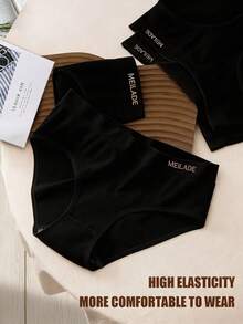 4pcs Seamless Mid-Waist Panties, Maillard Color Comfortable High Elasticity Triangle Briefs - Black - View 4