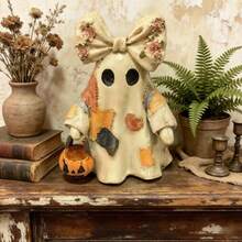 Cute Halloween Ghost Figurine, 4 Inch Mini Resin Patchwork Ghost With Pumpkin Basket, Rustic Autumn Desktop Decor, Suitable For High Towers, Roof Racks And Desks, Cute Christmas Ghost Figurine - Patchwork Ghost - View 5