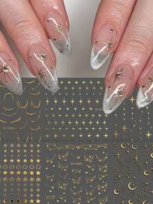 6Pcs Y2K Metallic Golden Silvery Star Nail Art Stickers 3D Starry Moon French Line Nail Decals Cyberpunk Gothic DIY Manicure Decoration Sticker - 彩色 - 查看 3