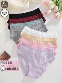8pcs/Pack Women's Cotton Macaron Color Floral Trim High-Cut Soft Comfortable Breathable Cotton Panties, Plus Size Underwear S-XXL - Multicolor - View 1