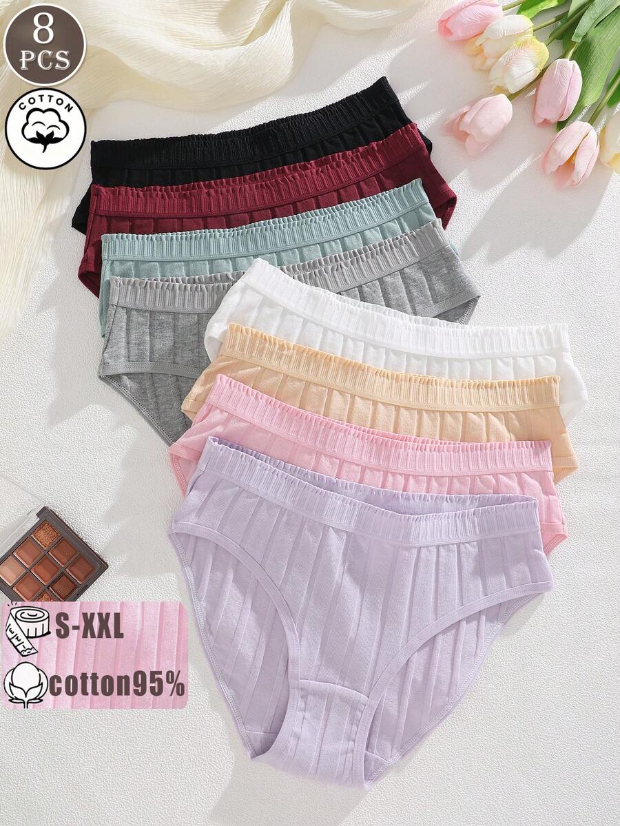 8pcs/Pack Women's Cotton Macaron Color Floral Trim High-Cut Soft Comfortable Breathable Cotton Panties, Plus Size Underwear S-XXL - Multicolor - View 1