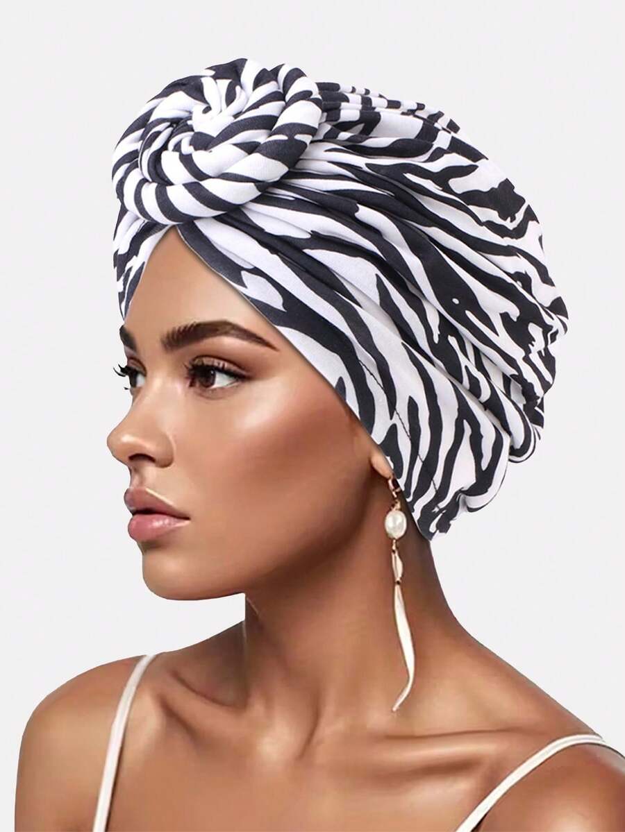 1pc Women's Braided Elastic Style Headwrap Hat, Costume Soft Headscarf Cap, Suitable For Daily Wear - TJM-342-black and White Zebra Pattern - View 1