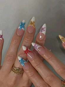 10 Peças de Unhas Francesas Coloridas com Estrela. Unhas Postiças Vintage Hot Girl. Unhas Personalizadas com Super Senso de Design. Estilo de Férias na Ilha. Pontas Francesas Coloridas com Estrela e Glitter. Puramente Feitas à Mão e Reutilizáveis. Novas Unhas para Mulheres Bonitas. - Multicolorido - Visão 3