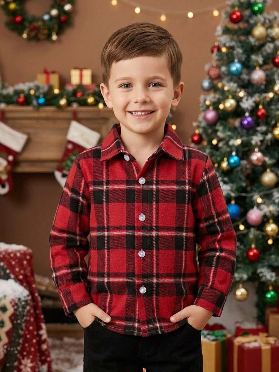 BOARNSEORL Young Boys Red Plaid Long Sleeve Shirt, Fashionable & Versatile, Suitable For Birthday Party, Wedding, Flower Boy, Christmas Party - Red - View 1
