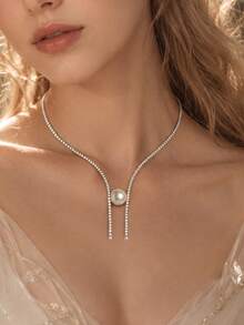FAAABULS European And American Cross-Border Open High-End Pearl Choker With Tassel Rhinestone Bridal Evening Versatile Collarbone Necklace - Silver - View 1