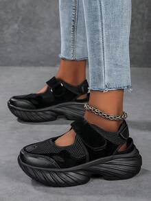 Women's Summer Mesh Breathable Hook And Loop Dad Sandals, Wedge Platform Thick Sole Sports Shoes - Black - View 3