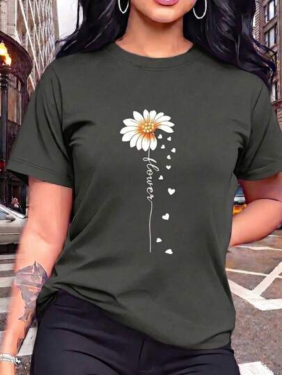 Women's Casual Round Neck Short Sleeve T-Shirt with Cute Floral and Heart Print, Regular Length Polyester Top with Slight Stretch