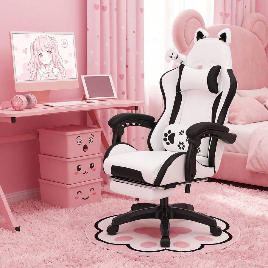OYAJIA Racing Style Gaming Chair Ergonomic Computer Chair Office Chair Desk Swivel Chair Adjustable Reclining Footrest Cushion White - Black and White #2 - View 1