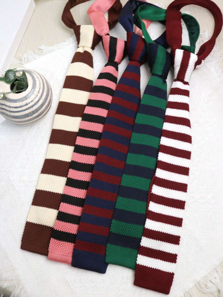 1pc Knitted Striped Handmade Tie, Suitable For Casual, Street, Business, Party, Gift, Daily, Wedding - Multicolor - View 1