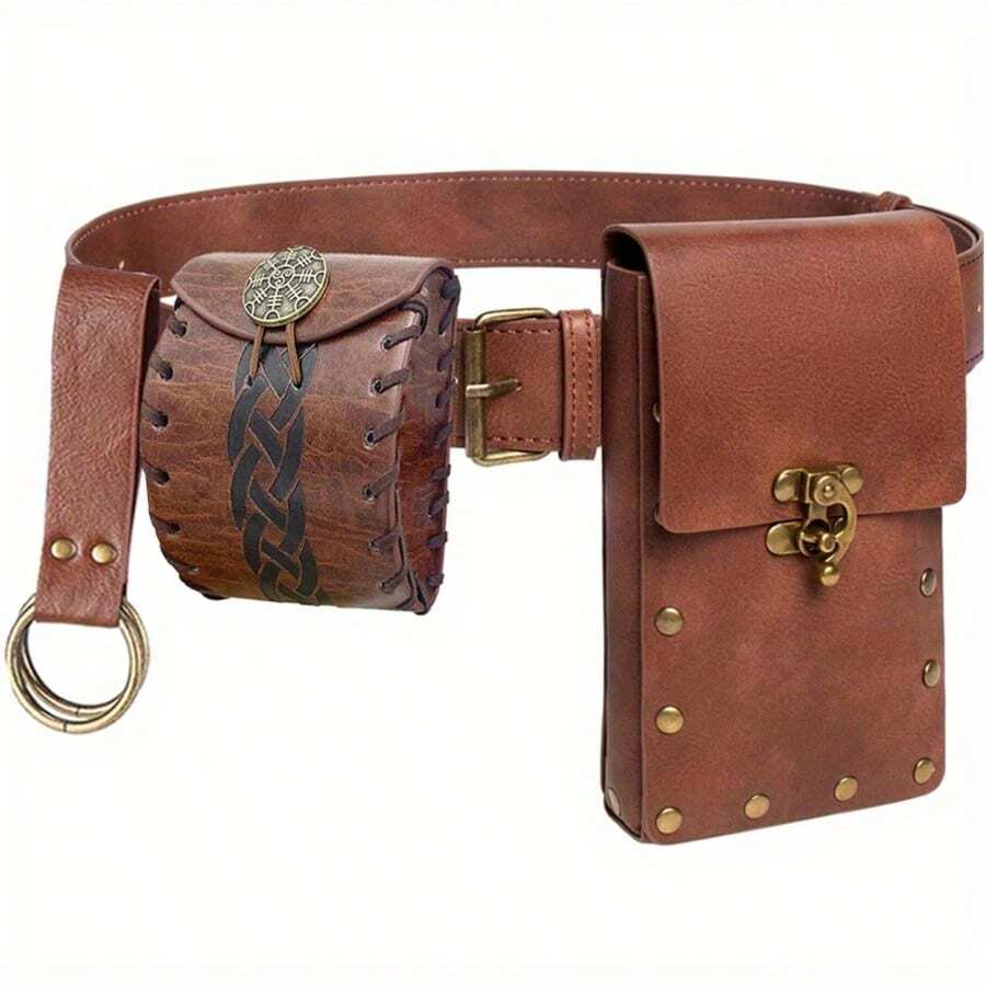 Set Kostum Viking Abad Pertengahan 4 Buah, Sabuk Kulit PU, Tas Pinggang, Gantungan Kunci & Dompet - Sempurna untuk Halloween & Pameran Renaissance - A - View 1