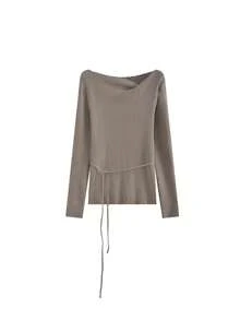 Design Triangle Cut Off-Shoulder Ruched Tie Long Sleeve Knit Top - Mocha Brown - View 6