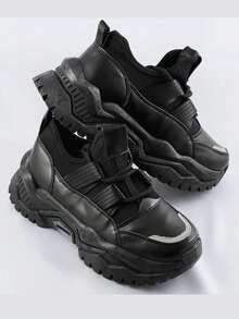 Lace-Up Platform Sneakers, Sports Shoes, Slip-On + Laces, Imitation Leather, Thick Sole. - Black - View 3