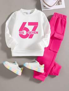 Young Girl Crew Neck Letter & Number Print Long Sleeve Sweatshirt And Pants Casual Daily Outfit - White - View 1