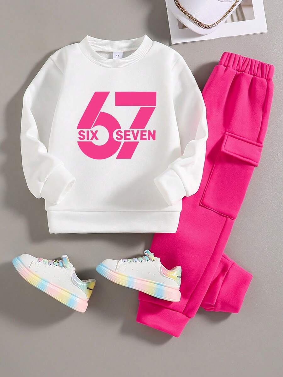Young Girl Crew Neck Letter & Number Print Long Sleeve Sweatshirt And Pants Casual Daily Outfit - White - View 1