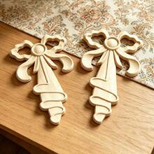 2pcs Solid Wood Carved Bow Applique, Home Decor, Unfinished Wood, Woodworking Supplies, Suitable For Cabinets, Doors, Windows, Furniture, Feature Walls And Other Decals, DIY Decoration, Holiday Decoration - Multicolor - View 4
