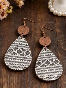 1 Pair Vintage Bohemian Style Teardrop Printed Pattern Patchwork Round Wooden Disc Fashion Earrings - Black and White - View 3