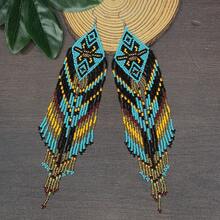 AHAYA Creative Fashion Rhombus Tassel Earrings, Geometric Beaded Handmade Glass Bead Dangle Earrings, Vintage Jewelry, Retro Accessories Suitable For Daily Wear - Turquoise - View 6