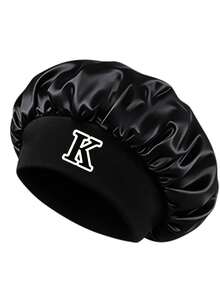 Silky Black Customized Initial Satin Sleep Cap, Elastic Wide Brim Hair Protection Cap, Soft Smooth Night Cap, Reduces Curly Hair Breakage - Black Letters - View 35