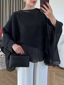 Women's Minimalist Casual Asymmetrical Round Neck Cover Up Style Loose Top, Solid Color Everyday - Black - View 2