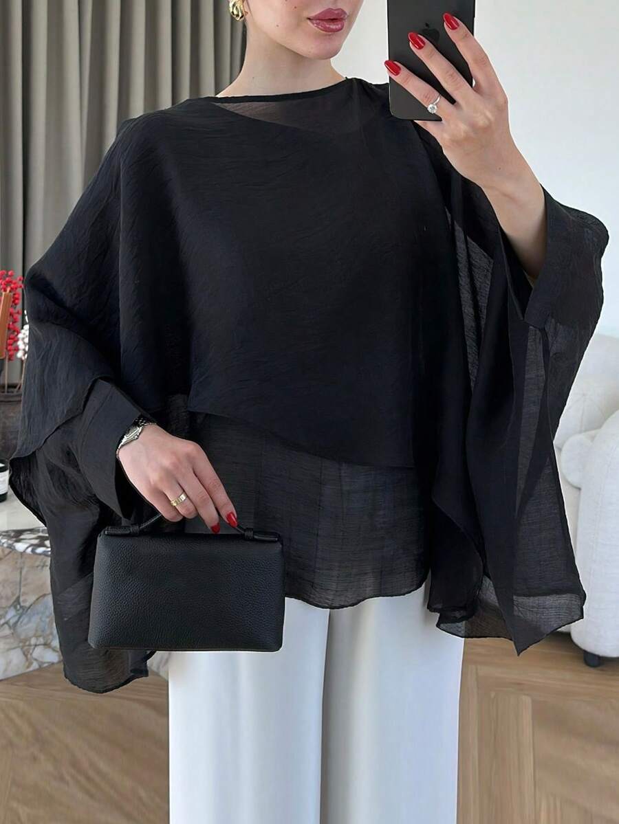 Women's Minimalist Casual Asymmetrical Round Neck Cover Up Style Loose Top, Solid Color Everyday