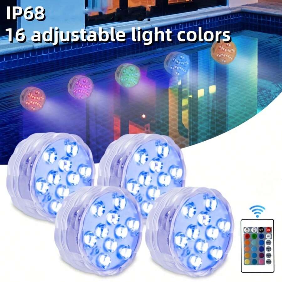 4pcs/Set Swimming Pool Lights, LED Underwater Lights, Pool Lights With 16 Color Choices Remote Control, Suitable For Swimming Pool, Aquarium, Vase, Bathroom, Hot Tub, Easter, Pool Wedding, Spa, Party, Prom - Multicolor - View 1