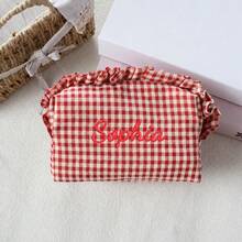 Personalized Gingham Cosmetic Bag, Ruffle Trim Makeup Pouch, Custom Name Toiletry Organizer, Small Travel Storage Bag, Coin Purse, Cute Gift - Multicolor - View 24