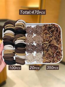 470pcs Women's Brown Tone Hair Accessories Set, Includes Large Hair Ties, Disposable Rubber Bands, Star Hair Clips, Meets Daily Hairstyle Needs, Women's Hair Accessories. Suitable For Daily Casual Use. - Multicolor - View 10