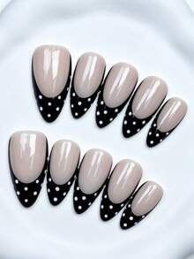 Shecass 10pcs Handmade Press-On Nails, Short Almond Shape French Polka Dot Design, High Quality, For Summer Vacation, Graduation Party - Multicolor - View 2