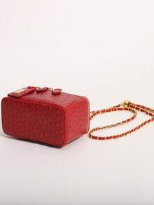 Vintage Festive Red Ostrich Skin Textured Small Square Box Bag With Gold Adjustable Chain, Evening & Commute Handbag For Women - Red - View 9