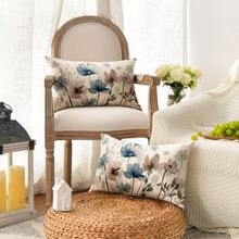 1pc/2Pcs Watercolor Blue Brown Floral Lumbar Pillow Covers, Vintage Neutral Wild Flower Print Rectangular Cushion Cases, Minimalist Farmhouse Decorative Throw Pillow Covers Without Insert For Sofa Couch Bedroom Home Decor - Dusty Blue - View 8