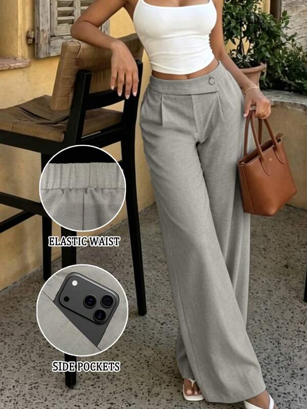 RNU Damen Hose mit hoher Taille in Grau, weites Bein, vorne gefaltet, schmal geschnitten, mit Taschen, Business lässig Stil