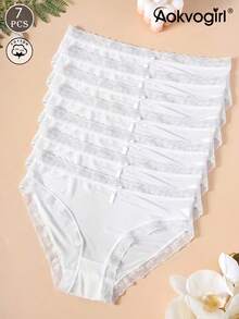 AOKVOGIRL 7pcs Women's White Thin Lace Trim Solid Color Ice Silk Seamless Comfortable Mid-Waist Triangle Panties - Multicolor - View 5