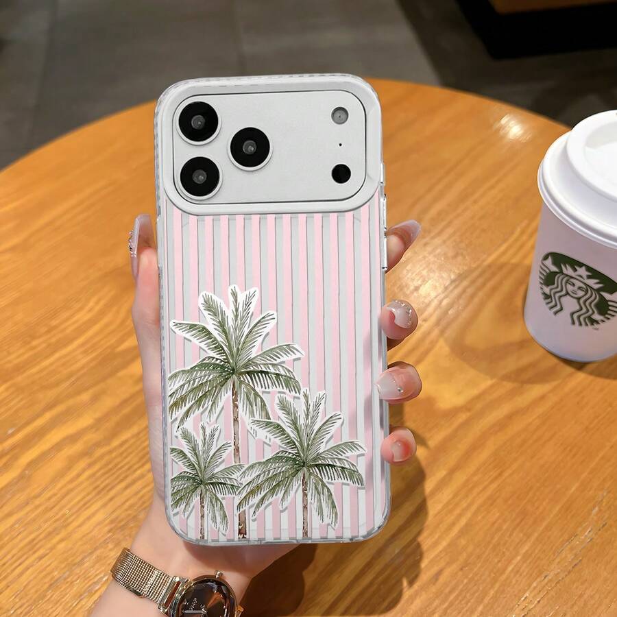 HANCAI 1pc Pink & White Fine Vertical Stripe 3 Watercolor Coconut Trees Full Coverage Anti-Drop Phone Case, Ins Gentle Girl Summer Beach Vacation Fresh Versatile Protective Cover, Compatible With IPhone17/17Pro/17ProMax/16/11/16Plus/16ProMax/16e/15ProMax/13/14/12/14ProMax/12ProMax/13ProMax/12Pro/13Pro/14Pro - White Frame, Sand White - View 1