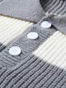 Men's Striped Polo Neck Knit Sweater Fashion Color Block Semi-Open Casual Pullover - Grey - View 6