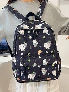 1/5pcs Cute Cartoon Print Student Backpack, Pure Pink Floral Pattern, Lightweight Polyester Fabric, Casual Campus Style, All-Season Wear, Unisex Adult Size, Large Capacity, Suitable For Daily Commute, Travel And Back To School - Multiple Styles - View 4