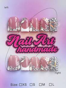 10pcs Handmade Square Shaped Fake Nails, Nude & White Y2K French Style, Full Rhinestone Nail Art Patches, Handmade 3D White Flowers & Shiny Heart Rhinestone Decor, Suitable For Women, Perfect For Parties, Dance Occasions & Daily Wear. Comes With Tool Set, Great Gift For Women's Nail Supplies & Handmade Nail Patches - White - View 1