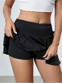 Women's Ruffle Skirt With Built-In Shorts, High-Waisted Layered Skirt, Skirt-Pants - Black - View 4