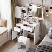 Dressing Table Set With Mirror And Stool, Adjustable LED Light Vanity Table, 3 Drawers Makeup Desk With Sliding Mirror - White - View 4