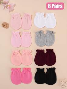 8 Pairs Baby Girls' Solid Color Anti-Scratch Mittens, Soft & Comfortable, Suitable For 0-6 Months Babies Daily Casual Wear, All Seasons - Girls Series - View 9