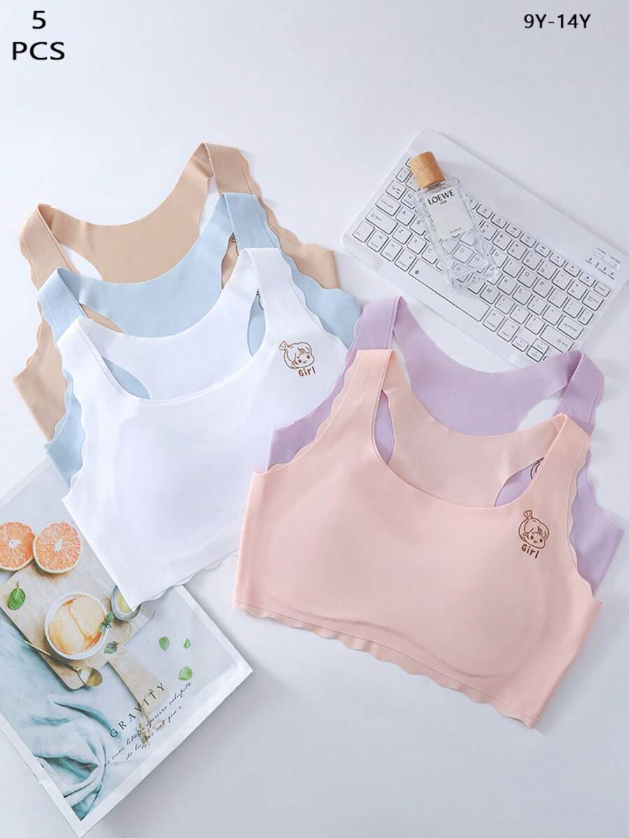 5 piezas/Set Ropa interior para niñas en pubertad con copa fija, diseño delgado sin aros, cobertura completa, top de una pieza ligero, ropa interior de verano para estudiantes - Multicolor - Ver 1