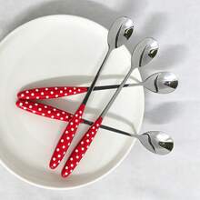 Polka Dot Stainless Steel Festive Red Coffee Spoon, Household Use, Extended Handle, Spoon For Milk, Restaurant Stirring Spoon, Small Round Spoon, Ice Scoop, Ice Cream Scoop, Dessert Scoop - Red - View 1