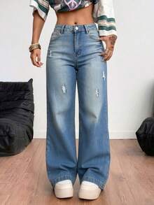 Pantalones rectos de mezclilla azul claro lavados con roturas, cintura media, elásticos y con caída elegante - azul verdoso - Ver 2