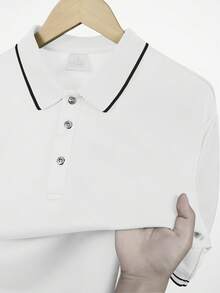 男士夏季短袖休閒對比色鈕扣 Polo 衫，適合高爾夫，白色 Polo 衫 - 白色 - 查看 7