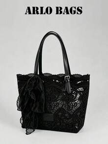 Black Floral Lace Tote Bag, Full-Body Hollow Floral Lace With Matching Lace Bow Charm, Wavy Scalloped Edge Design, Large Capacity Suitable For Students' Daily Classes And Commuting, Young Women's Weekend Shopping, Short Trips, And Gentle Casual Dates - Black - View 6