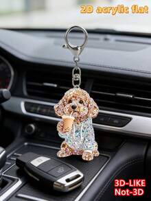 Llavero plano 2D con patrón de perro teddy marrón lindo bebiendo té con leche, llavero estético de taza de té con leche de mascota linda, adecuado para parejas, cumpleaños de dueños de perros, Día del Maestro, regreso a clases, regalos de apertura escolar, duradero y ligero, aplicable para llavero de coche, llavero de teléfono, decoración de llavero de mochila y billetera - A - Ver 2