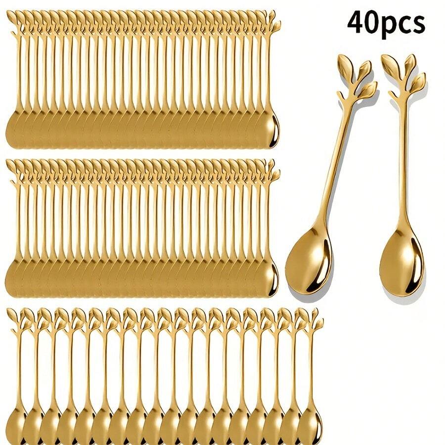 40pcs Gold Creative Leaf-Shaped Coffee Spoons, 4.92 Inch Stainless Steel Mini Dessert Spoons, Elegant Teaspoon Cutlery Set, Suitable For Desserts, Drinks, Milkshakes, Home And Cafe Use - Gold - View 1
